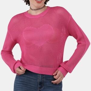 Pink heart graphic mesh pullover sweater top size Large 12-14